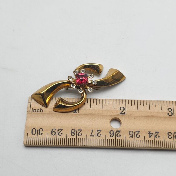 Vintage Brooch Pin Gold Tone Pink White Rhinestone Flower Bow - Picture 4 of 4